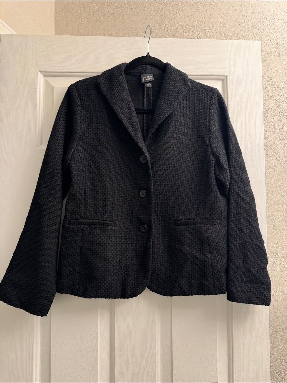 Eileen Fisher Black Textured Knit Blazer with Shawl Collar